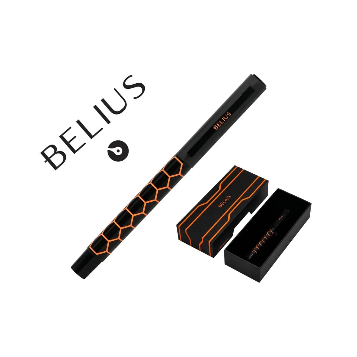 Esferografica belius legacy aluminio desenho hexagono laranja corpo preto tinta cor azul caixa de design
