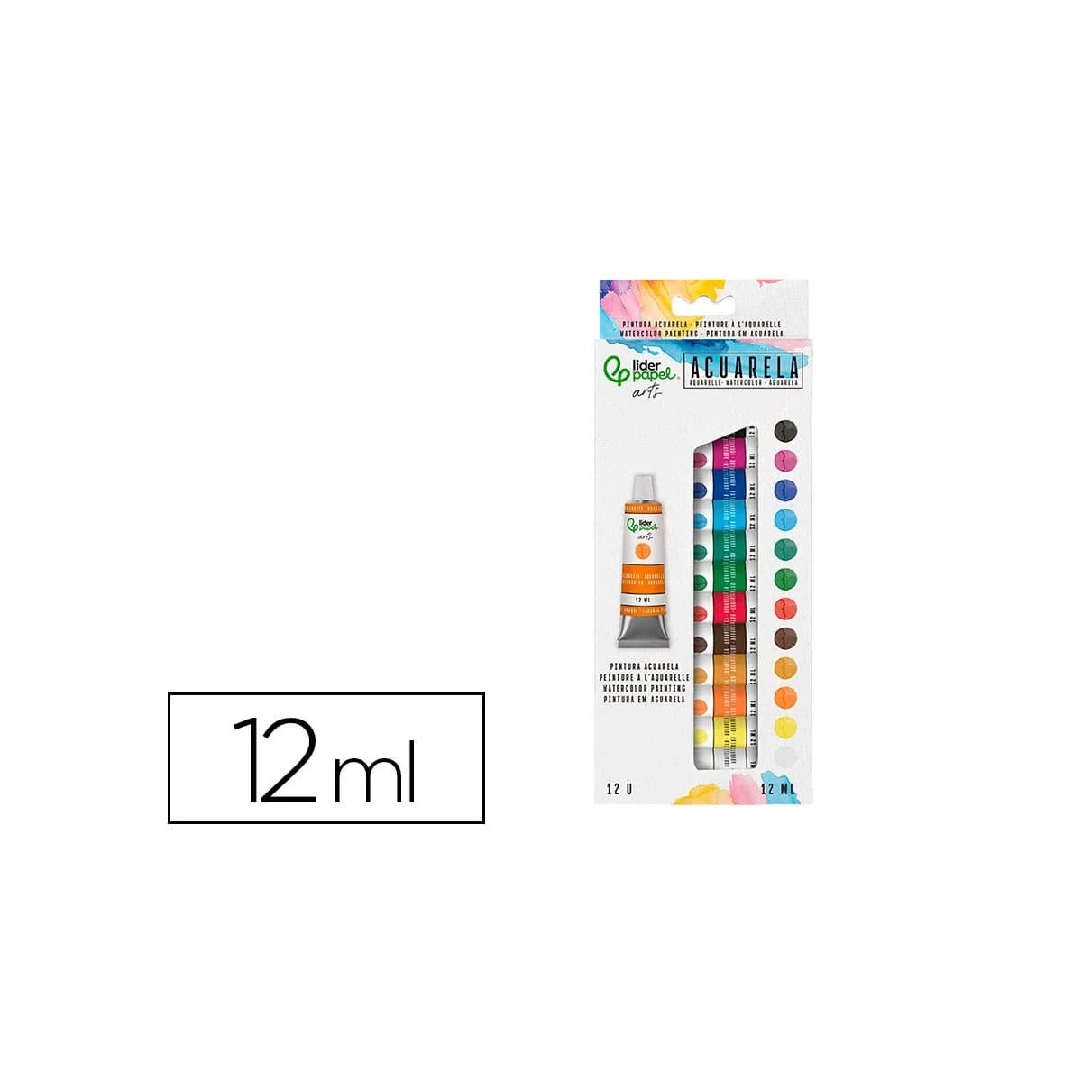 Pintura de acuarela liderpapel caja de 12 tubos de aluminio de 12 ml colores surtidos