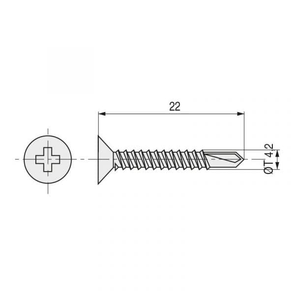 Index Index- Parafuso Broca Rosca Chapa Cabeza Plana Din 7504-P Zincado Larg.r/chapa 22mm ø Rosca Chapa 4.2mm. 500 Unidades - 914.60