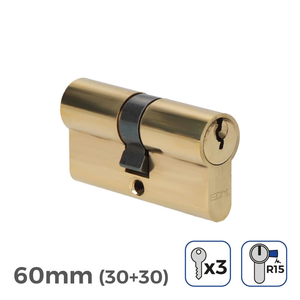 EDM Cilindro Latão 60mm (30+30mm) Largura da Came r15 com 3 Chaves de Yale Incluidas - 85162