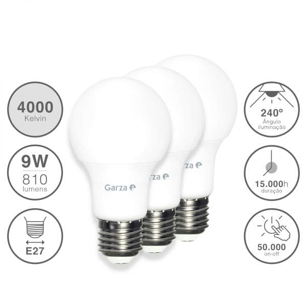 Garza Pack 3 Lâmpadas led Estándar 9W, Casquillo E27, 240º, 810 Lúmenes, Luz Neutra