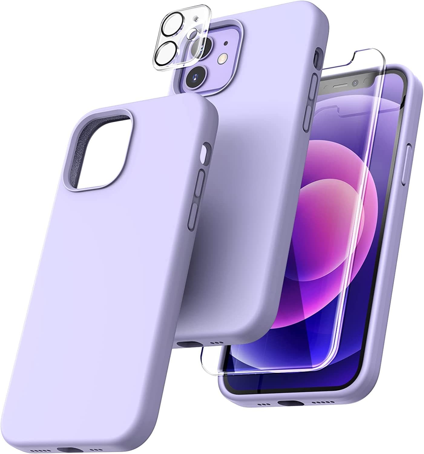 Capa Silicone Lilás iPhone 12 com 1 película vidro temperado 1 película camera
