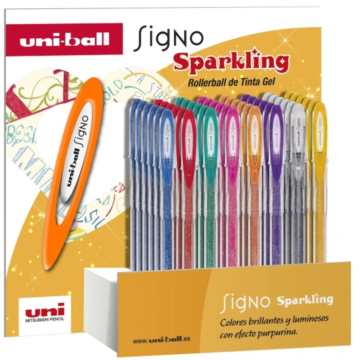 Uni-ball Signo Sparkling Expositor de 48 Canetas de Tinta Gel – Esferográfica 1mm – Tinta Pigmentada Resistente à Água e Luz – Cores Sortidas
