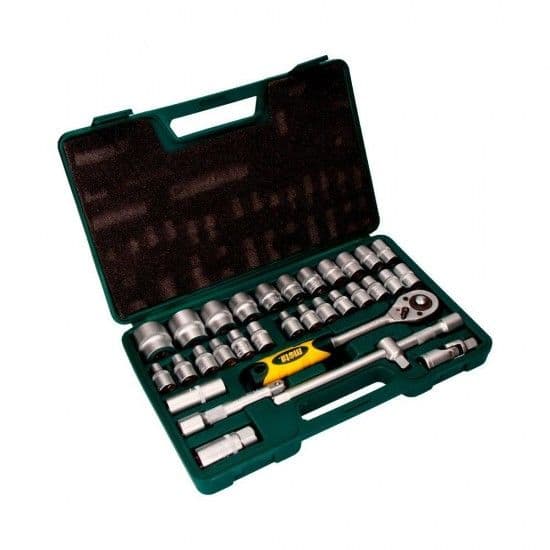 Mota Herramientas Jogo de Soquetes e Acessórios de Catraca EK602, 32 Peças, 1/2", Cromo Vanádio, Preto