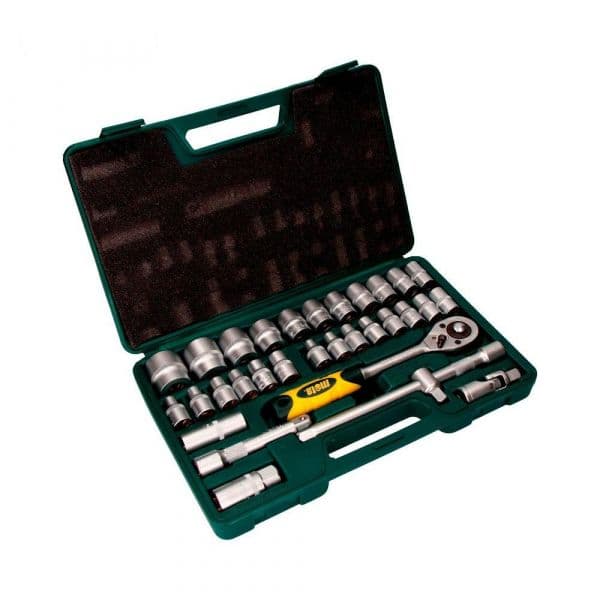Mota Herramientas Jogo de Soquetes e Acessórios de Catraca EK602, 32 Peças, 1/2", Cromo Vanádio, Preto