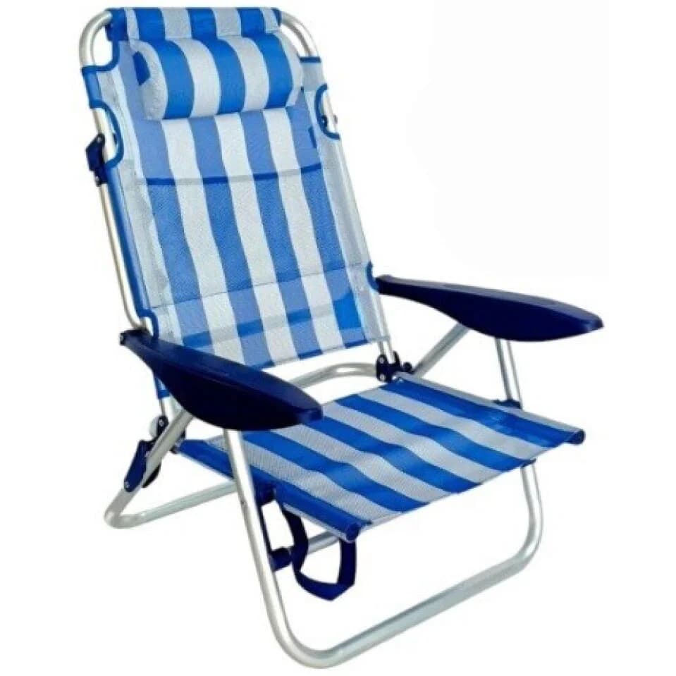 Cadeira Praia Baixa Alumínio Riscas Azul/Branco Alças de Mochila e Porta-Copos Turymar
