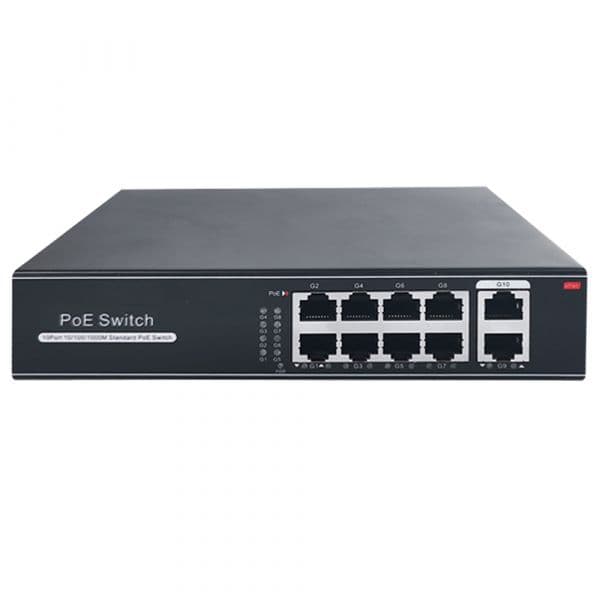 OEM Switch PoE 8 puertos RJ45 + 2 RJ45 Uplink Velocidad de puertos 10/100/1000 Mbps 8 Puertos PoE 802.3af/at hasta 30W por puerto Potencia PoE total 120W Plug and Play SW1008POE-G-120-E
