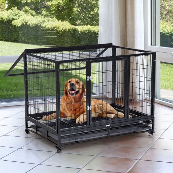 PawHut Jaula de Metal Mascotes Grande com Rodas e Bandejas Removíveis 92x62x75cm