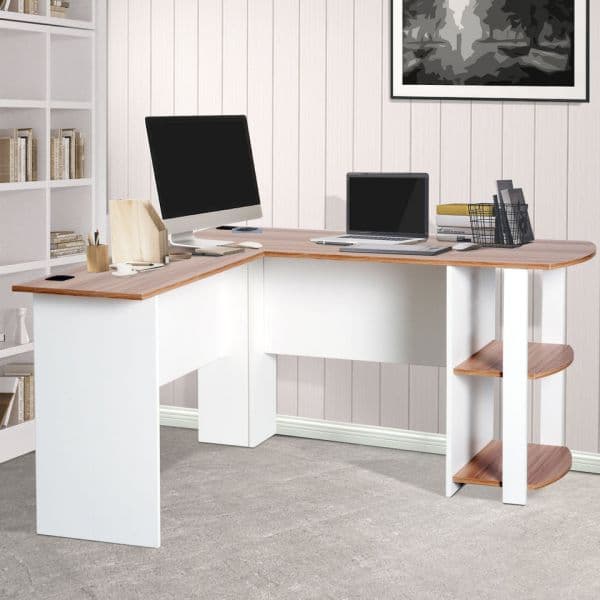 HomCom Mesa de Computador Forma L c/ Estantes Madeira 136.2x130.4x72cm