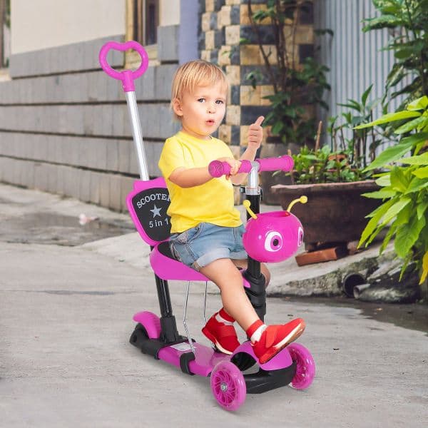 Homcom Trotinete 5 Em 1 com 3 Rodas Com Assento Removível Guiador Ajustável 62x25x72,5 Cm Rosa