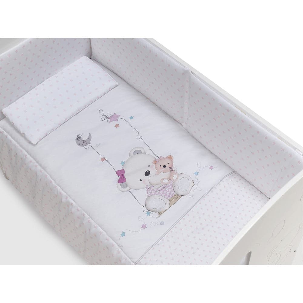Conjunto 3 Pcs. Para Berço 60X120 (Colcha+Protetor De Cama+Almofada) Jersey Columpio Rosa Interbaby