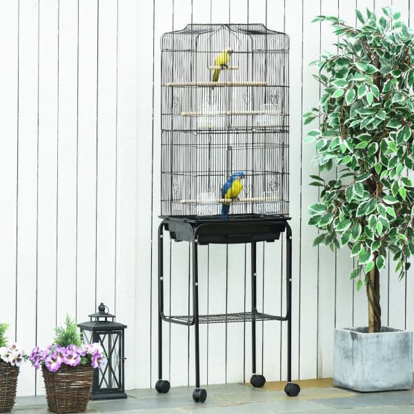 Gaiola para Passáros com Suporte Gaiola Metálica de Aves Canários com 4 Rodas Portas 4 Comedouros 3 Poleiros Bandeja Removível e - D10-019V01BK