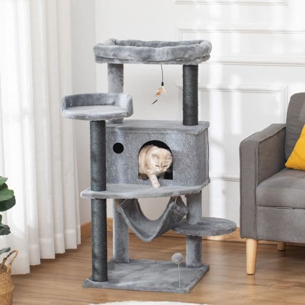 Pawhut Árvore Arranhadora 48x48x107cm com Caverna de Feltro Desmontável Rede Camas de Felpa Múltiplas Plataformas Poste Arranhador de Sisal e Brinquedos Cinza