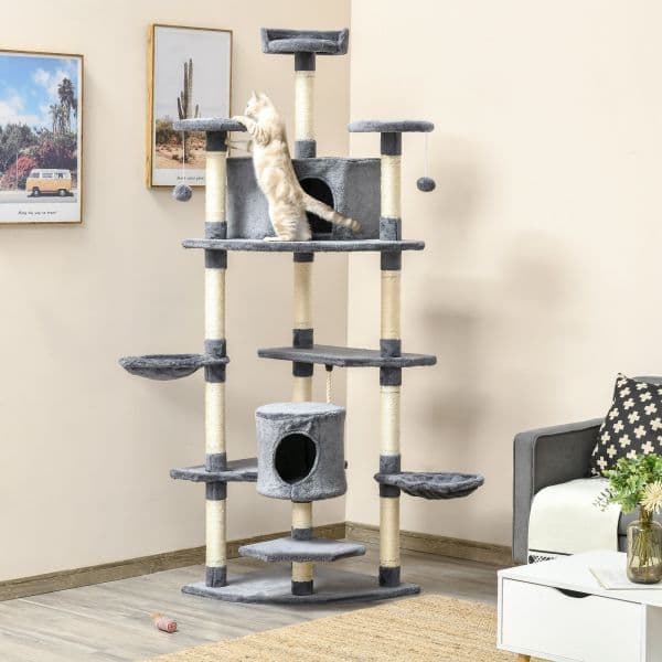 Pawhut Árvore Arranhador Grande 60x60x200cm com 2 Cavernas 2 Redes Cama Múltiplas Plataformas Postes Arranhadores de Sisal Natural e Bolas de Brinquedo Cinza