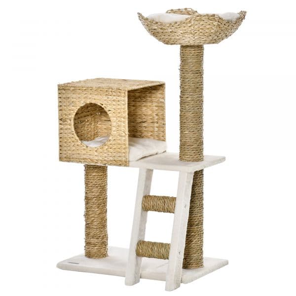 Pawhut Arranhador Arranhador com Cama Superior Caverna 2 Almofadas 2 Postes Escada 57x37x100,5cm Bege