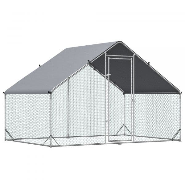 Pawhut Galinheiro de Exterior Grande 3x2x2m Gaiola 4-6 Galinhas de Aço Galvanizado com Teto de Pe e Fechadura Coelhos Prata
