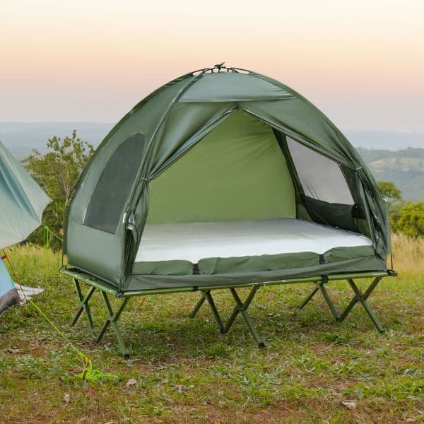 Outsunny Cama Dupla de Campismo Dobrável com Tenda 2 em 1 com Colchão Inflável e Bolsa de Transporte Tecido Oxford Aço 193x145x180cm Verde - A20-087