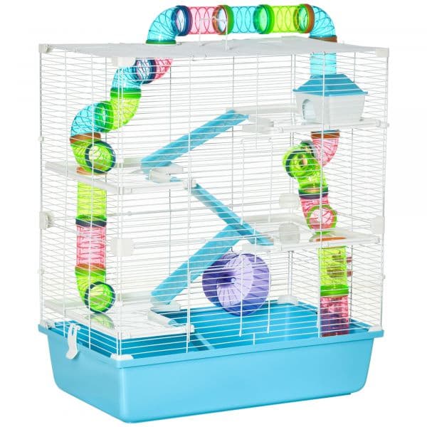 Pawhut Gaiola Hámster Grande 59x36x69cm Gaiola Roedores com 4 Plataformas Tubos Comedouro Bebedouro Multicor