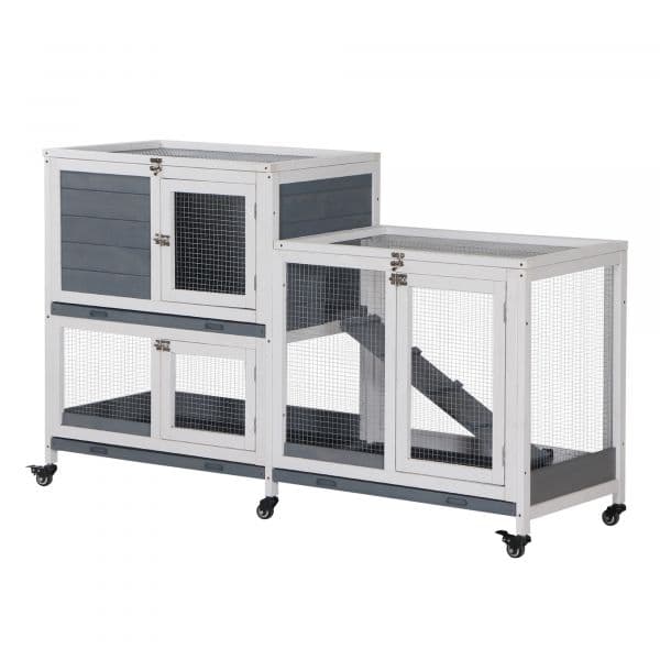 Pawhut Coelheira de Madeira com Rodas 147x45,5x88,5cm Gaiola Coelhos de 2 Níveis com Teto Abatível 2 Cercados de Metal Cinza