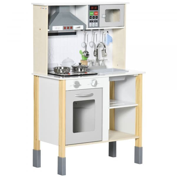 Cozinha Infantil de Madeira com Altura Ajustável Luz Sons 60x30,5x93,2cm Branco e Cinza