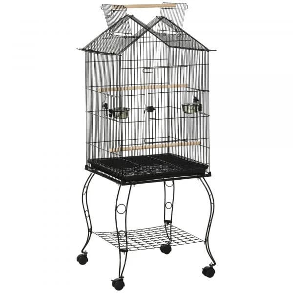 Pawhut Gaiola Pássaros com Suporte Rodas Bandeja Amovível 2 Comedouros e Prateleira Inferior de Metal 50x58x145 cm Preto
