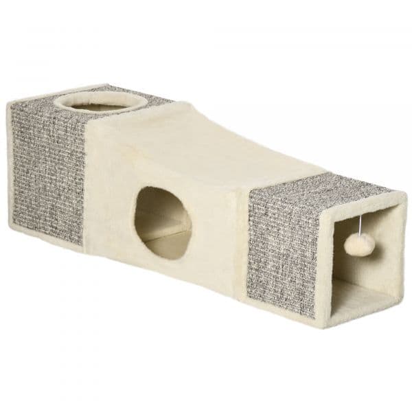 Pawhut Túnel com Bola Supensa Dobrável com Múltiplas Entradas Caverna de Sisal 98x30x30 cm Creme e Cinza