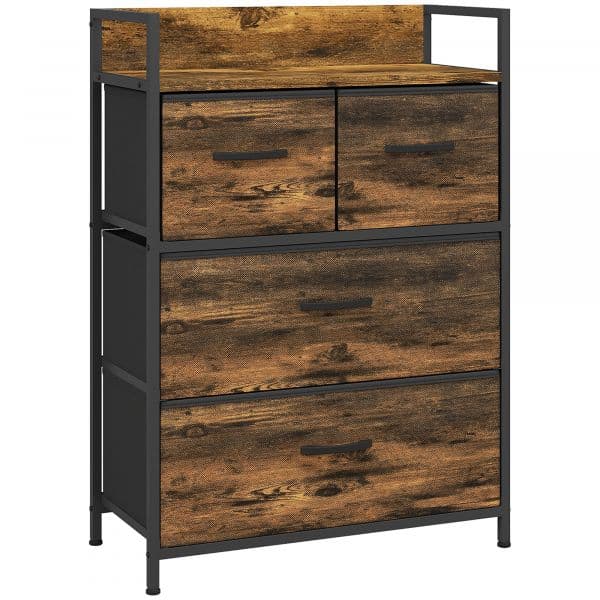 Homcom Cómoda de Quarto com 4 Gavetas Dobráveis Prateleira Aberta e Estrutura de Aço para Sala Entrada 60x29x85 cm Castanho Rústico - 831-760V00RB