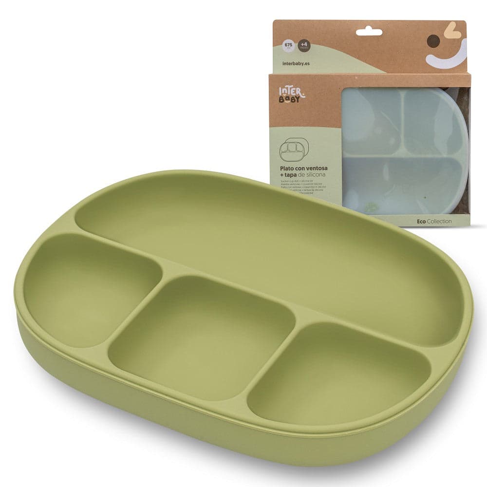 Prato De Silicone Com Ventosa E Tampa Verde Oliva Interbaby