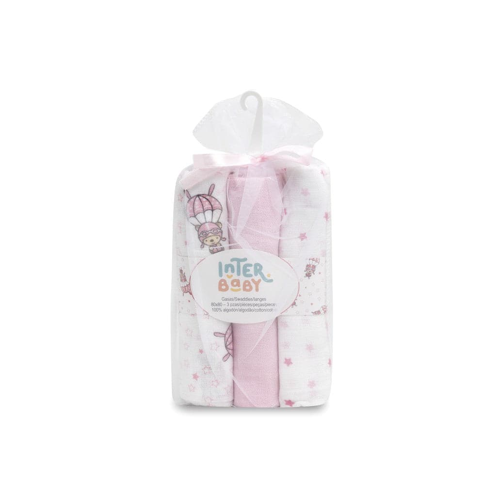 Fralda Bordada 100% Algodão Pack 3 Unidades Nubes Rosa Interbaby