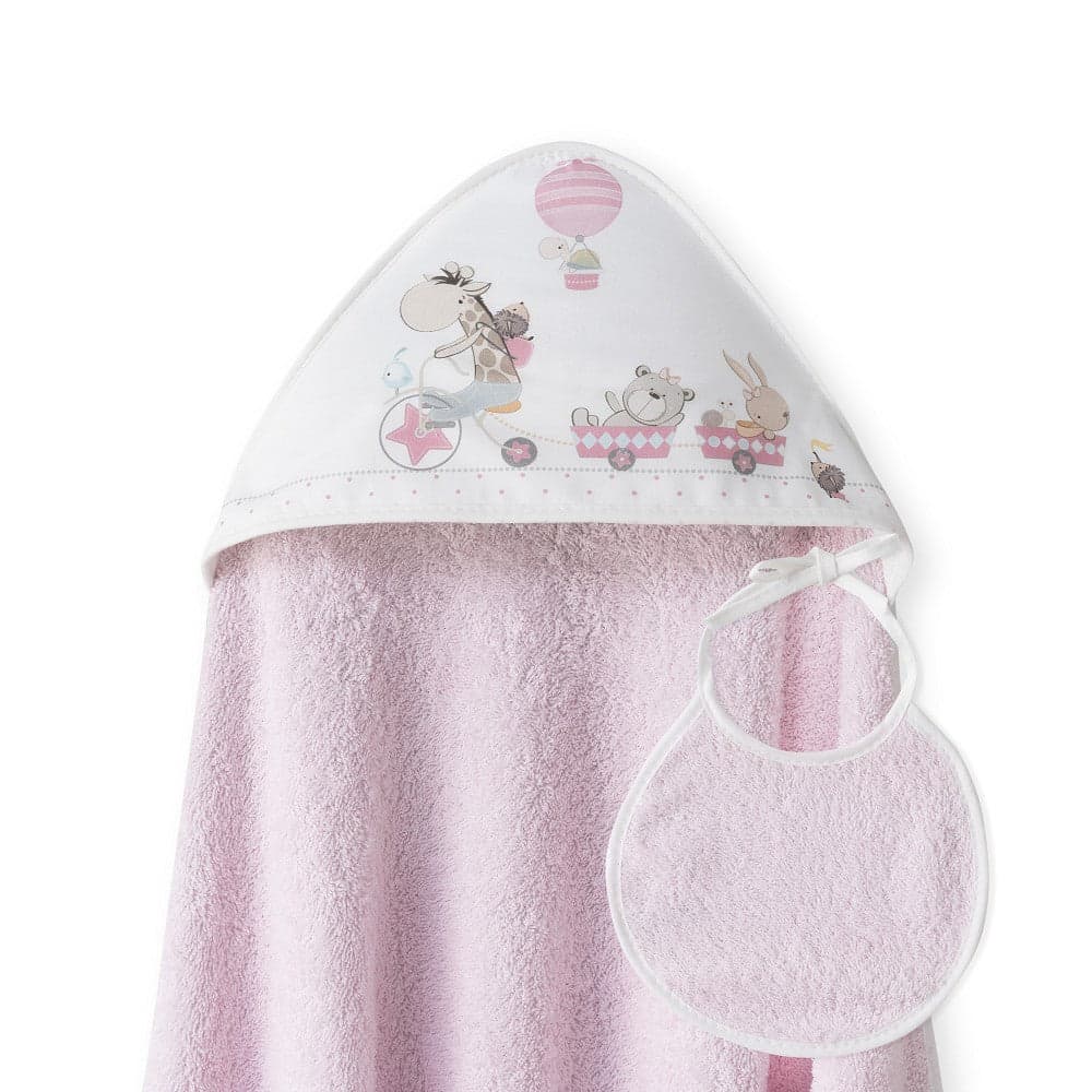Toalha de banho 100X100 Algodão + Babete Jirafa Bicicleta Rosa Interbaby