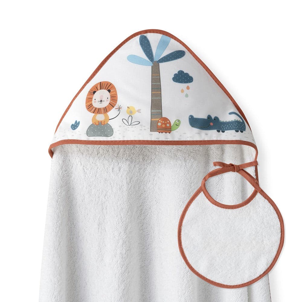 Interbaby Toalha de Banho 100X100 Algodão + Babete Leon Palmera Laranja