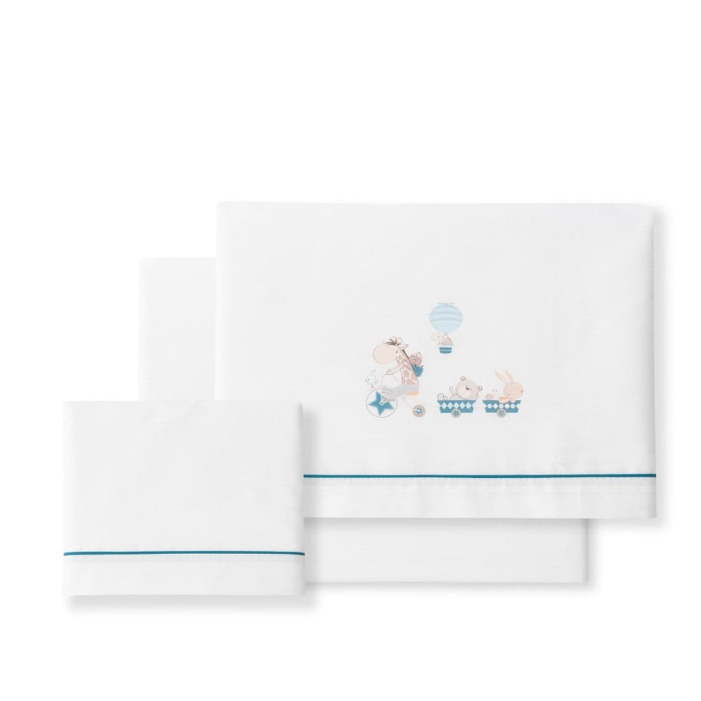 Jogo 3Pcs Cama 70X140(Lençol166X112+Lençol Colchão140X80X14+Almofada72X30)Alg. Jirafa Azul Scur Interbaby