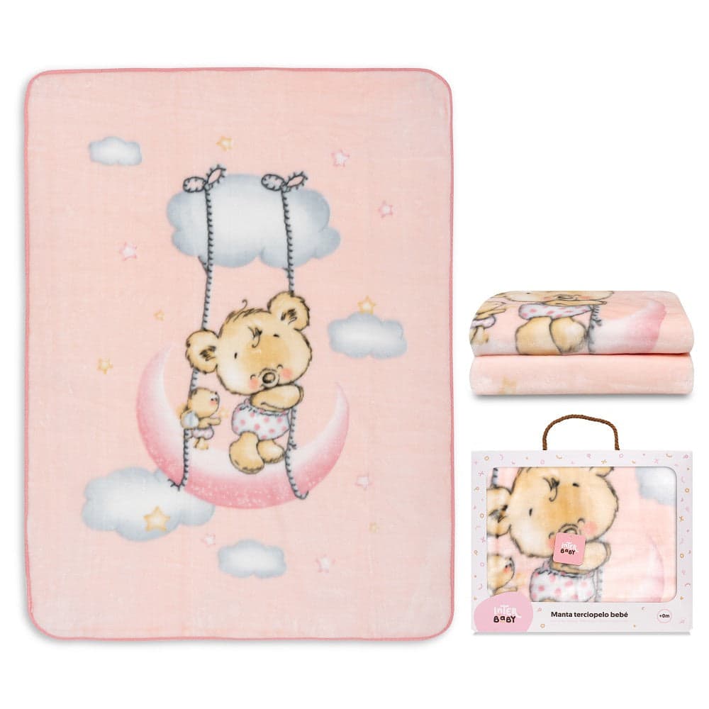 Manta Raschel 110X140 Osito Nube Rosa Interbaby