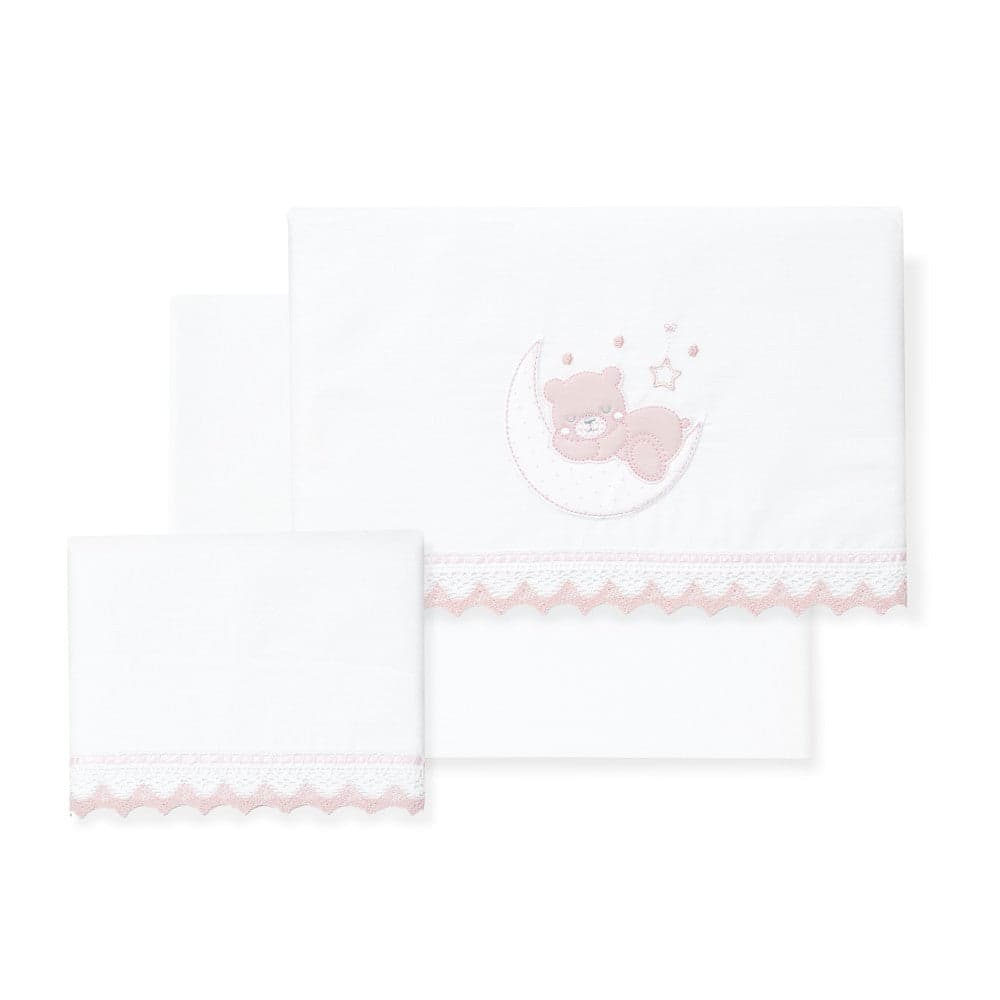 Jogo 3Pcs Cadeira Passeio(Lençol106X72+Lençol B.80X40X7+Almofada38X25)Algodão Oso Luna Rosa Interbaby
