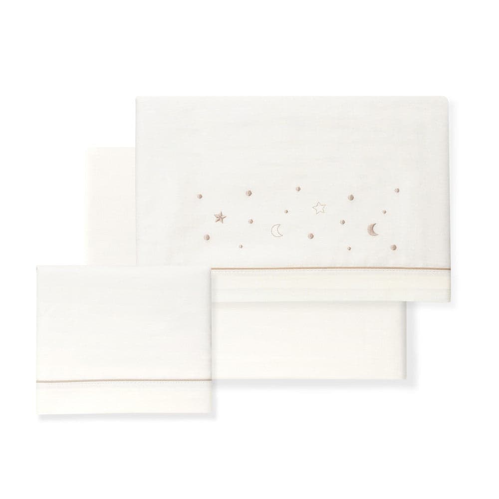 Jogo 3Pcs Berço(Lençol106X82+Lençol Colchão85X55X9+Almofada50X30) Algodão Estrellas/Luna Bege Interbaby