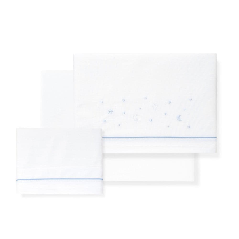 Jogo 3Pcs Berço(Lençol106X82+Lençol Colchão85X55X9+Almofada50X30) Algodão Estrellas/Luna Azul Interbaby