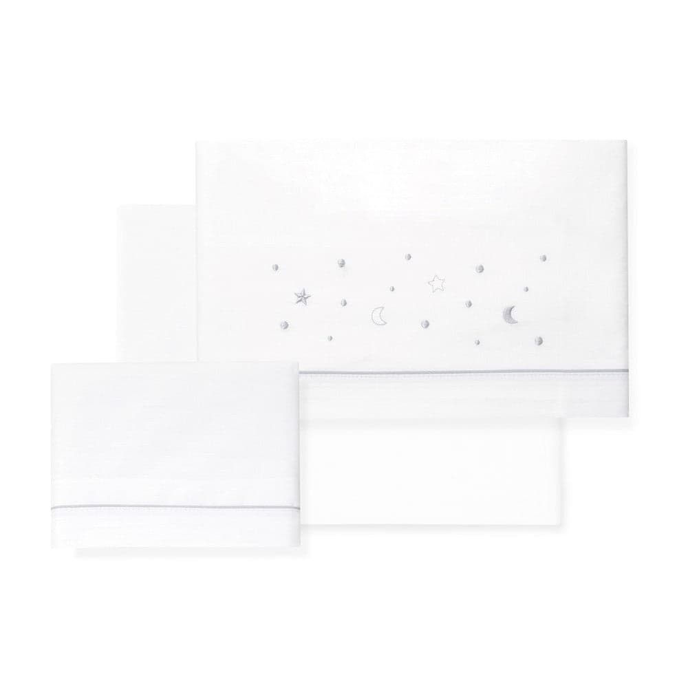Jogo 3Pcs Berço(Lençol106X82+Lençol Colchão85X55X9+Almofada50X30) Algodão Estrellas/Luna Cinza Interbaby