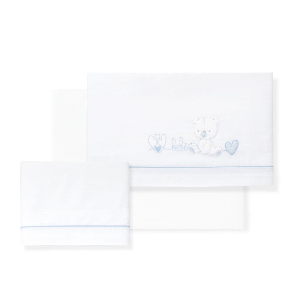 Jogo 3Pcs Berço(Lençol106X82+Lençol Colchão85X55X9+Almofada50X30) Algodão Corazon Oso Azul Interbaby