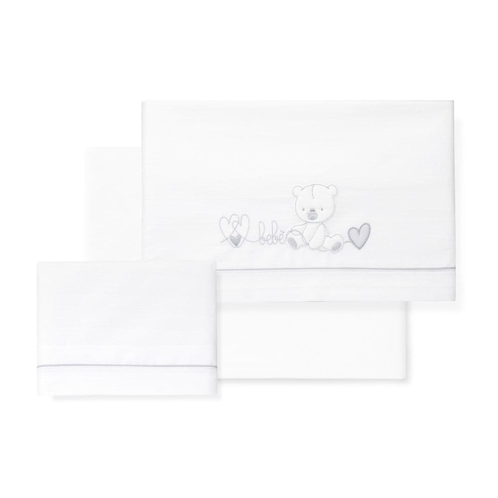 Jogo 3Pcs Berço(Lençol106X82+Lençol Colchão85X55X9+Almofada50X30) Algodão Corazon Oso Cinza Interbaby