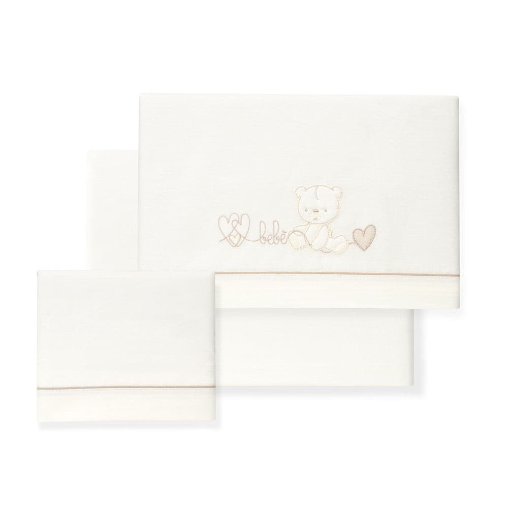 Jogo 3Pcs Cadeira Passeio(Lençol106X72+Lençol B.80X40X7+Almofada38X25)Algodão Corazon Oso Bege Interbaby