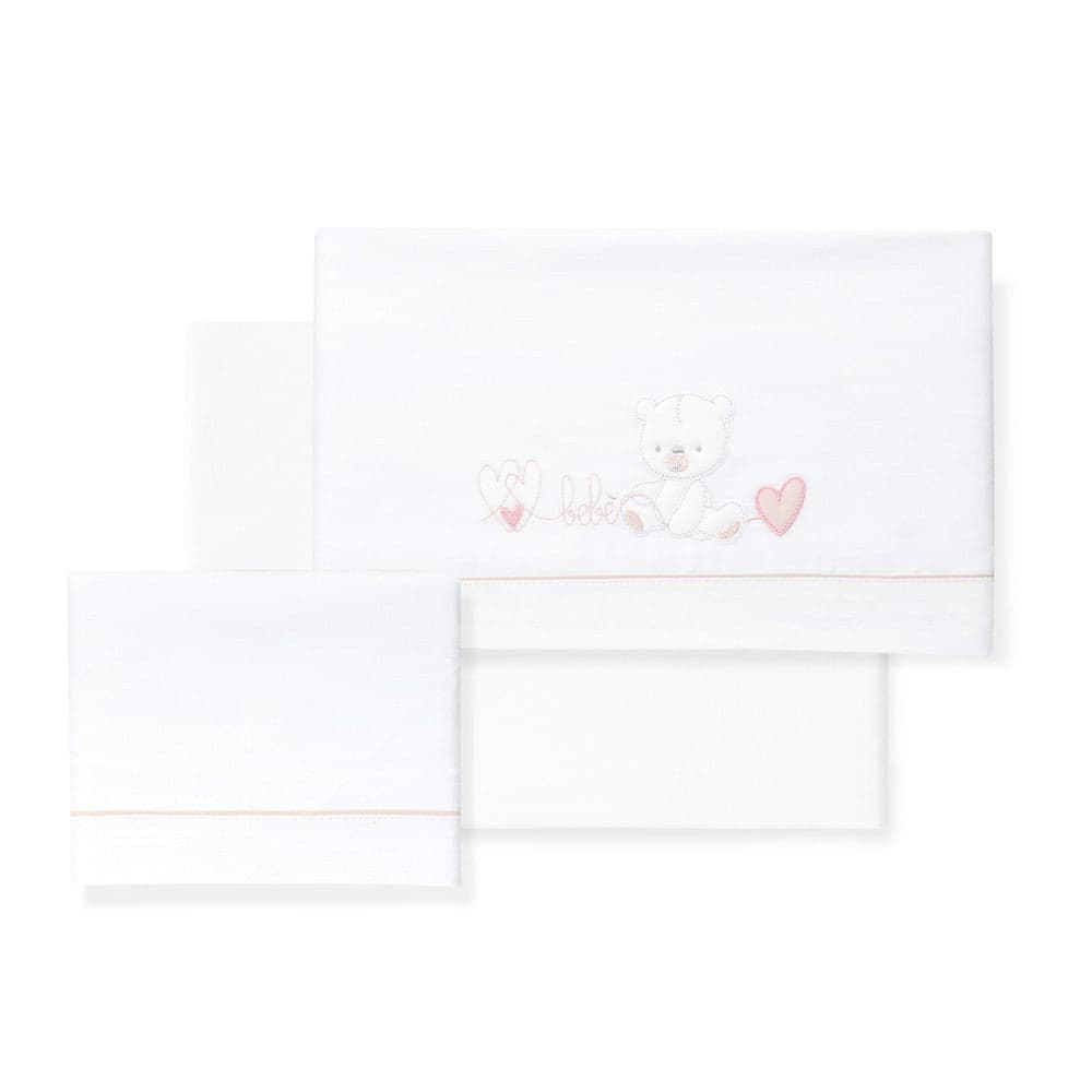 Jogo 3Pcs Cadeira Passeio(Lençol106X72+Lençol B.80X40X7+Almofada38X25)Algodão Corazon Oso Rosa Interbaby