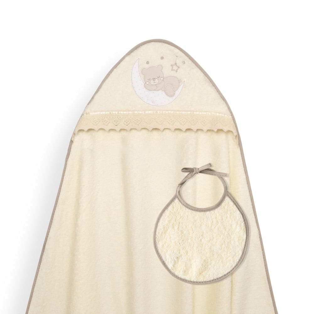 Toalha de banho 100X100 + Babete Osito Luna Guipur Bege Interbaby