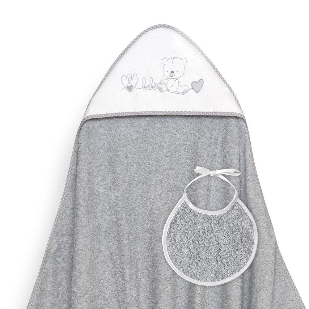 Toalha de banho 100X100 + Babete Corazones Bebe Osito Cinza Interbaby