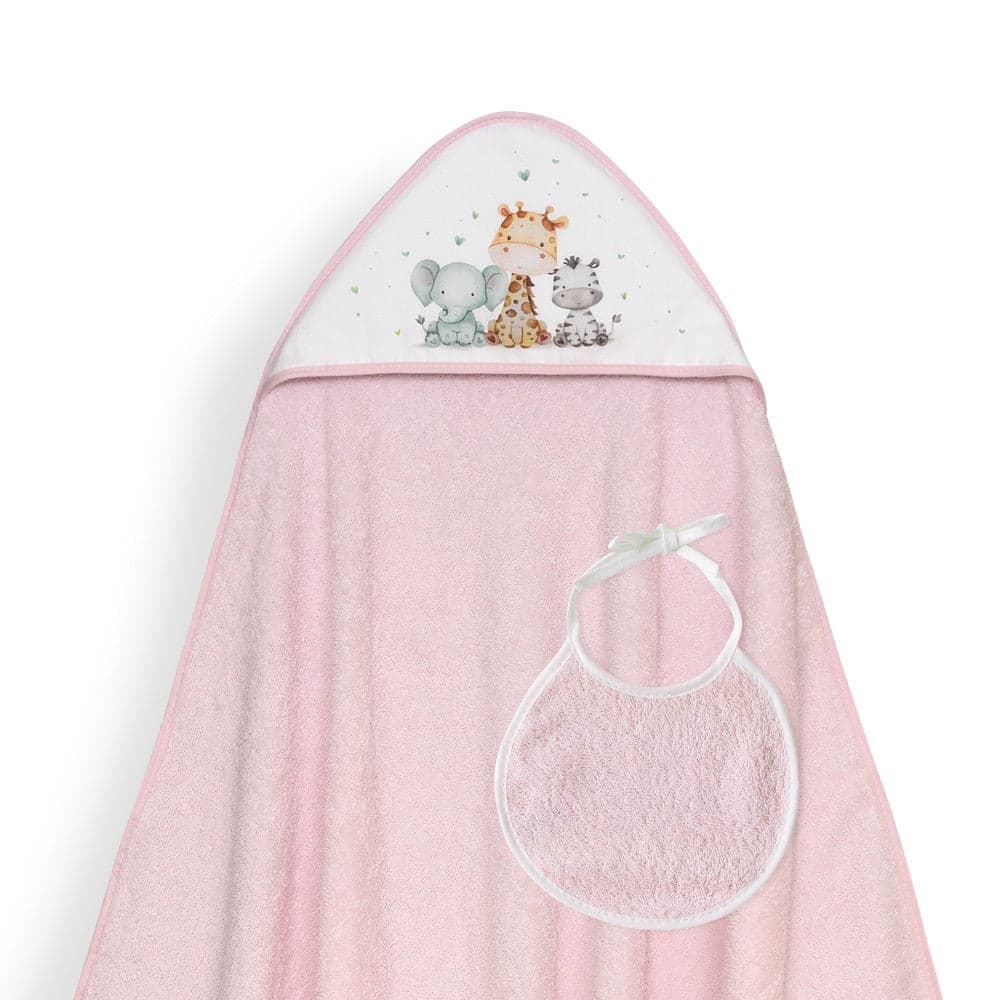 Toalha de banho 100X100 + Babete Jirafa Elefante Rosa Interbaby