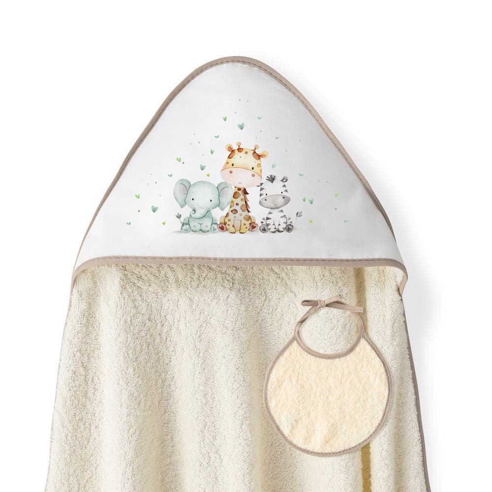 Toalha de banho 100X100 + Babete Jirafa Elefante Bege Interbaby