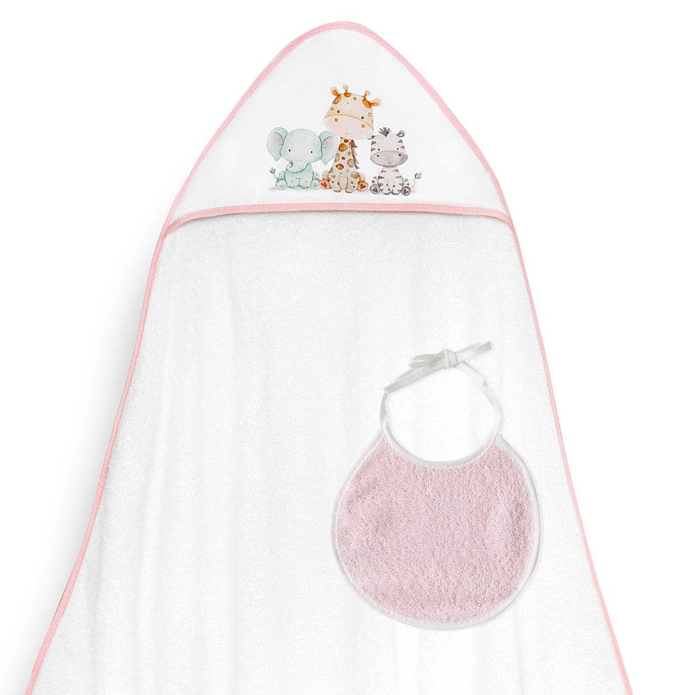 Interbaby Toalha de Banho 100X100 + Babete Jirafa Elefante Rosa