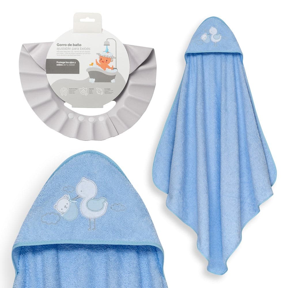 Conjunto banho Cegonha + Gorro anti-água Azul Interbaby