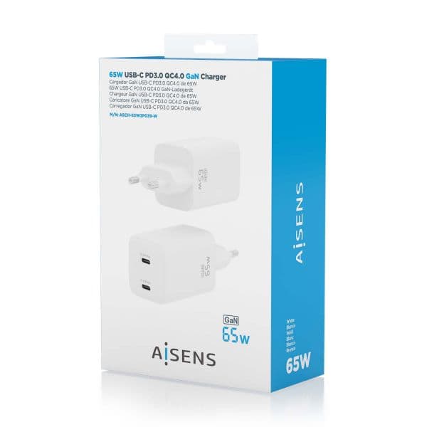 AISENS ASCH-65W2P039-W Carregador de Parede 65W GaN 2xUSB-C PD3.0 QC4.0 Branco