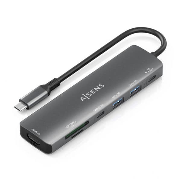 Aisens Docking Station ASUC-7P026-GR + USB-C de 7 Portas HDMI USB-A USB-C PD Leitor SD/MicroSD