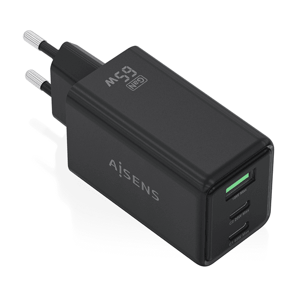 AISENS Cargador GaN 65W 2xUSB C PD3 0 QC4 0 1xUSB A QC3 0 Negro
